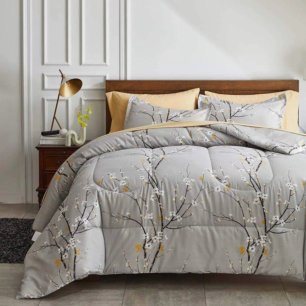 Gray Comforter Sheet Set Bed in a Bag 6 count  Size Tree Branch Bloom Flower Spring Summer  Set (1 Comforter 2 Pillow Shams 1 Tan Flat Sheet 1 Fitted Sheet 1 Pillowcases)