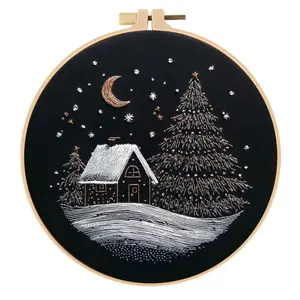 Beginner Embroidery Kit, Elegant Cross Stitch Set, Snow Scene Cabin Style, DIY Embroidery Supplies, Includes Printed Cotton Fabric, Hand Embroidered