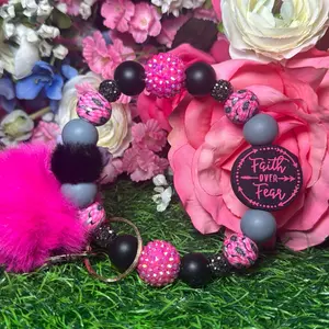 Southern faith wristlet keychain color scheme black, gray, longhorn print, pink and bling beads made with wire
