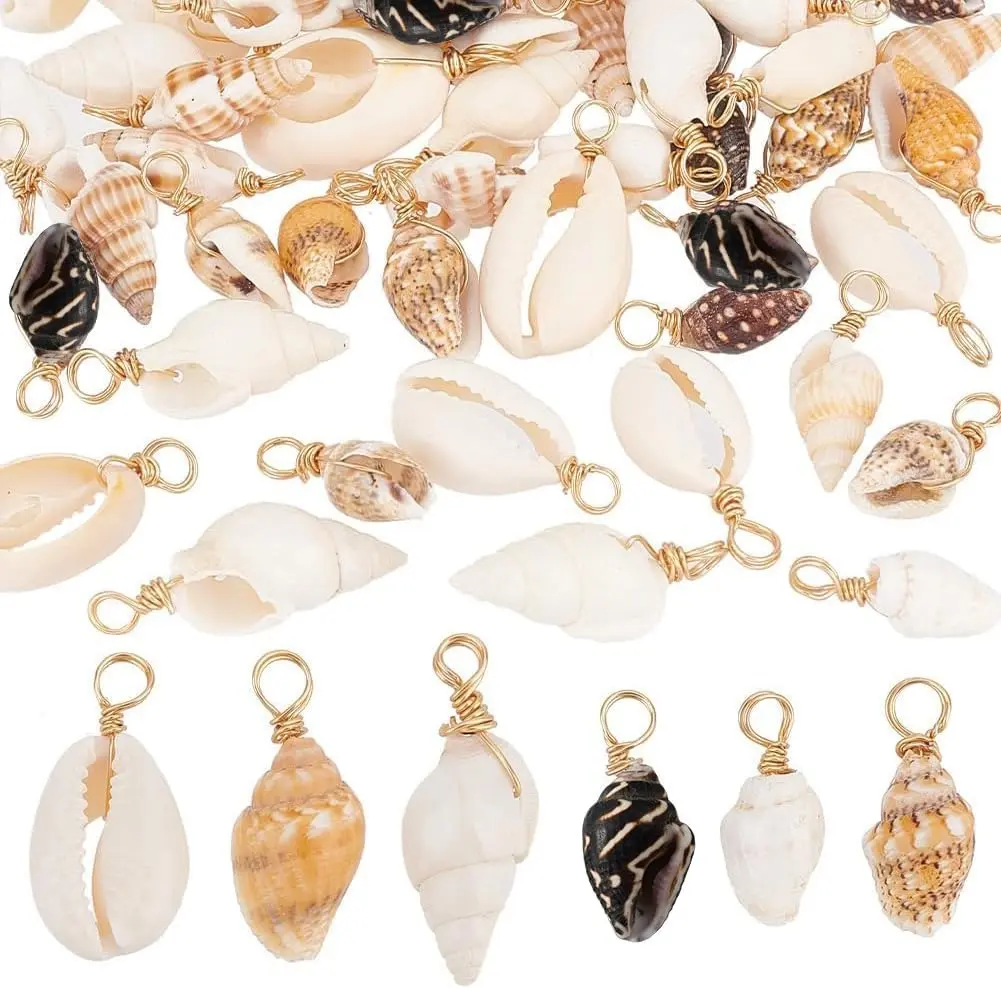 125 PCS Natural Shell Pendants - Spiral Seashells, Cowrie & Conch Charms with Loop Bail for DIY Jewelry Making and Beach Crafts