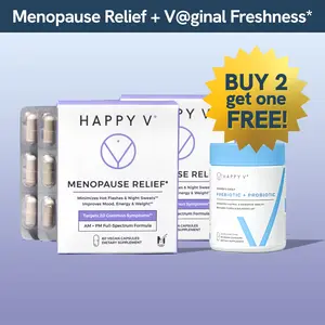 Happy V Menopause Relief Duo & Probiotic Value Pack - Buy 2 Get 1 Free - Clinically Proven pH Balance & BV Treatment, Natural Yeast Infection Support AND Minimizes Hot Flashes & Night Sweats - Ideal for Comfort & Ease