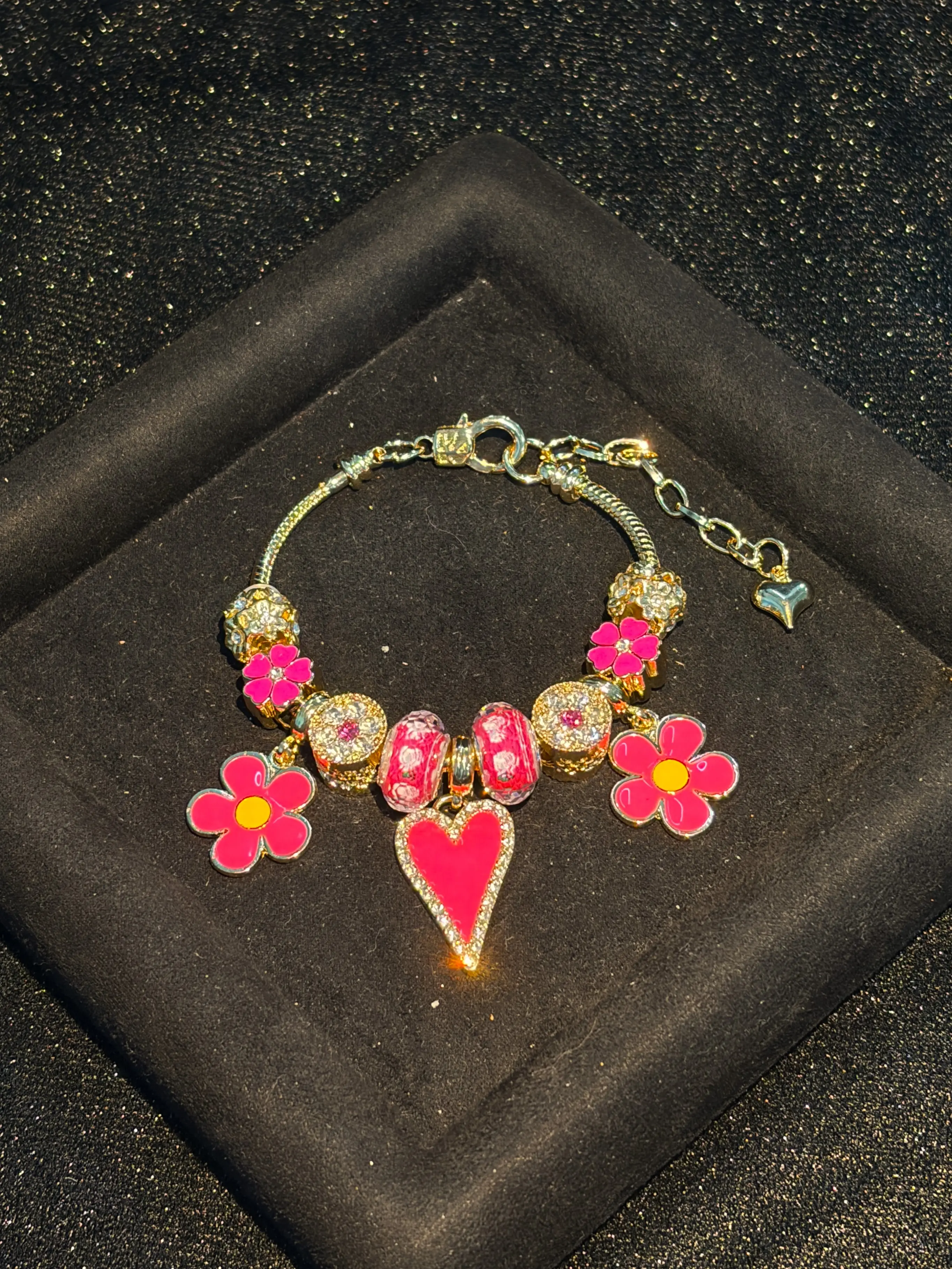 Women's Gold Tone Hot Pink Heart & Flower Enamel Charm Bracelet, Rhinestone Beaded Bracelet, Cute Stackable Jewelry Gift for Women Girls