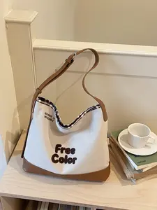 New Retro Colorblock Canvas Tote Bag for Women, Large Capacity Commute Shoulder Bag, Letter Embroidery Plaid Patchwork, Casual Versatile Shopping Bag
