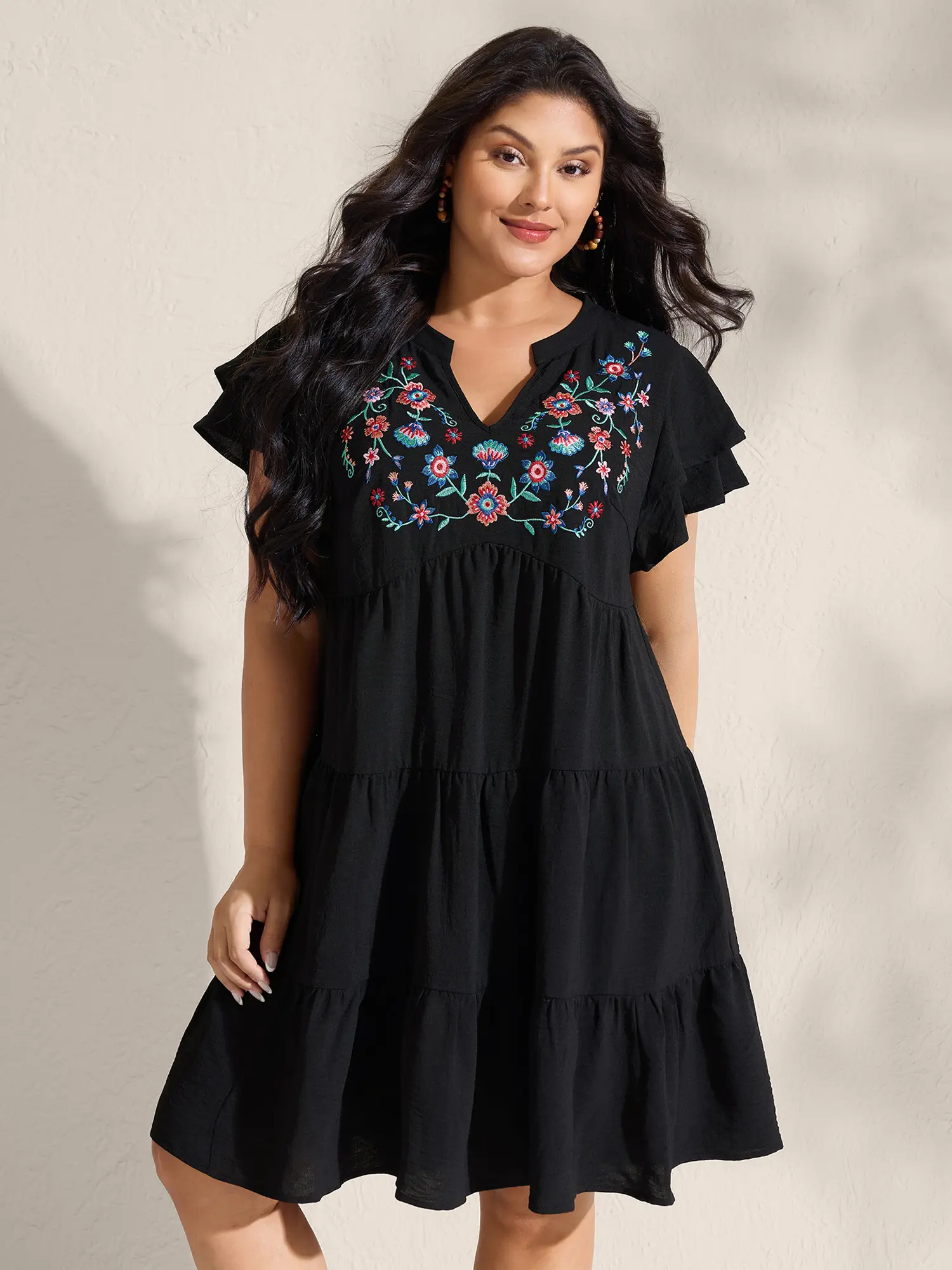 BLOOMCHIC Women's Plus Size Curvy Summer Spandex-Polyester Garment Dress - Embroidered V-Neck Ruffle Sleeves, Flowy Stretch Fabric, Pocket-Inclusive, Floral Fashion Dress, Casual Throw-On, Mom's Vacation Outfit, Regular Fit Curvy Clothing, Plussize, Short