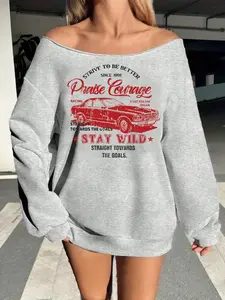 Women's Off-Shoulder Letter Print Sweatshirt, Soft & Loose Fit Casual Top, All Seasons Fashion