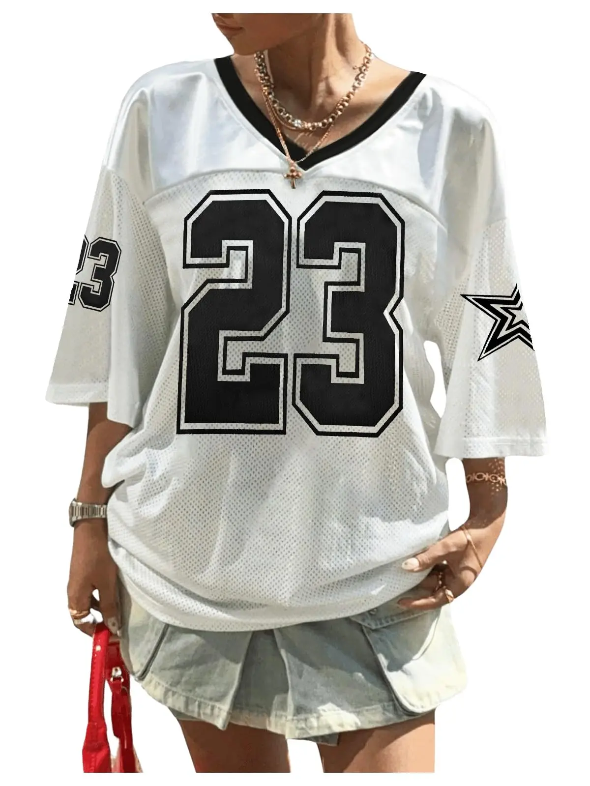 MNLYBABY Oversized Jersey Women V Neck Tshirt Number Graphic Tee Y2k Streetwear Short Sleeve Top