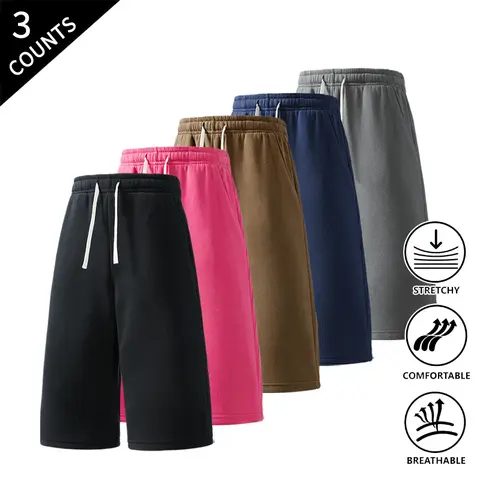 Men's 3-Pack Loose Baggy Sweat Shorts, 7/8 Knee-Length Knee-High, Elastic Drawstring, Plain Casual Bottoms for Summer Everyday Wear