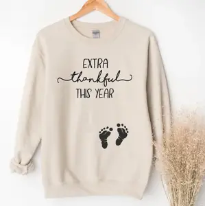 Extra Thankful This Year T-Shirt, Sweatshirt, Hoodie – Cute Fall Pregnancy Announcement Sweater With Baby Footprints, Thanksgiving Maternity Outfit