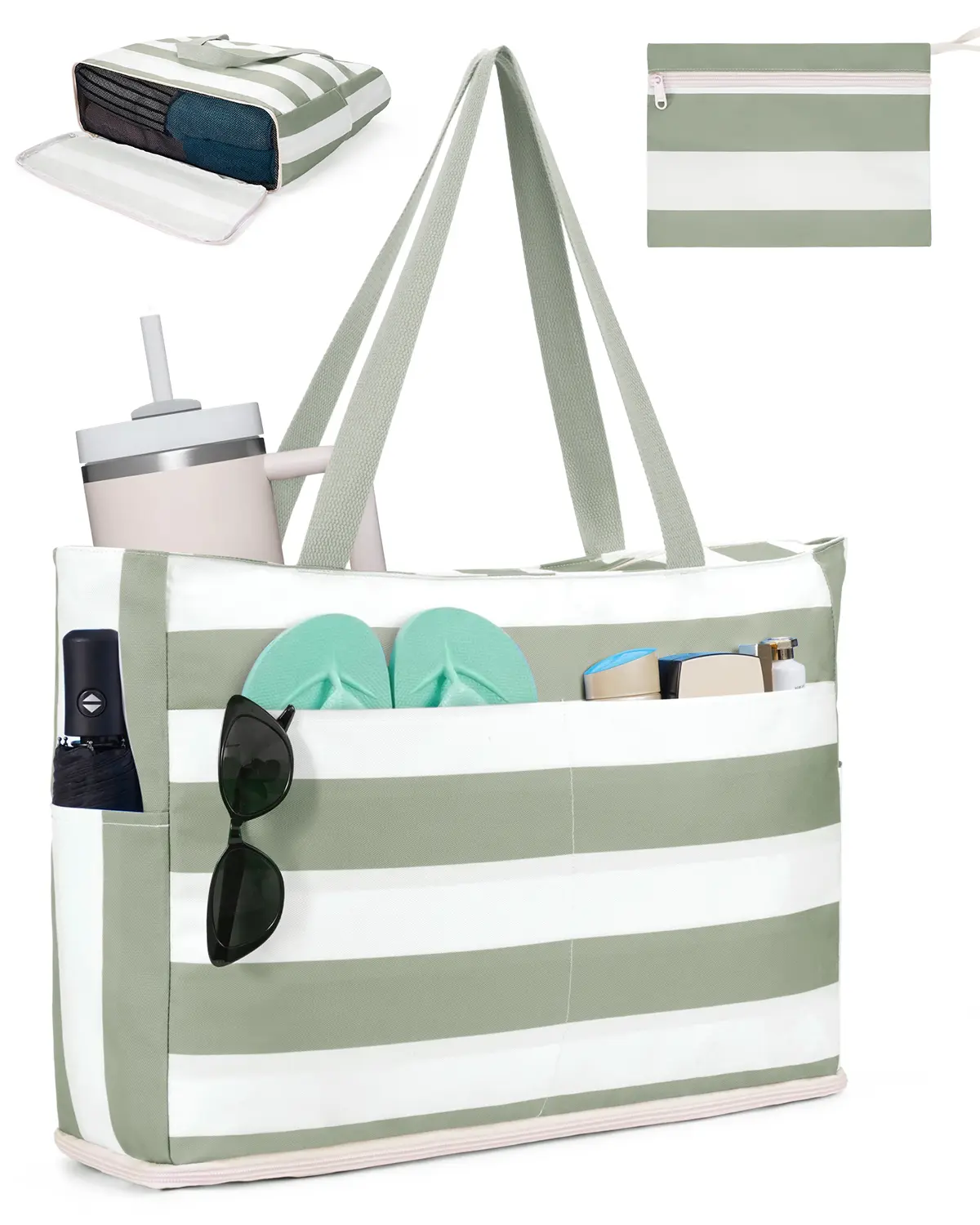 Beach Bags for Women, Large Waterproof Sandproof Beach Tote Bag with Zipper Family Pool Bags with 40oz Tumbler Pocket, Swim Cruise Vacation Essentials  | 40oz Tumbler Pocket Lightweight Tote Bag Pastel Canvas Tote
