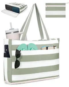 Beach Bags for Women, Large Waterproof Sandproof Beach Tote Bag with Zipper Family Pool Bags with 40oz Tumbler Pocket, Swim Cruise Vacation Essentials  | 40oz Tumbler Pocket