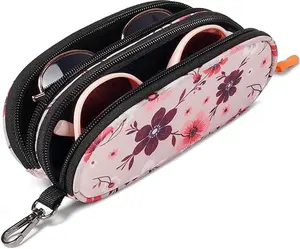 Double Eyeglasses Case Soft Portable Zipper Sunglasses Pouch with Keychain Clip for Men Women
