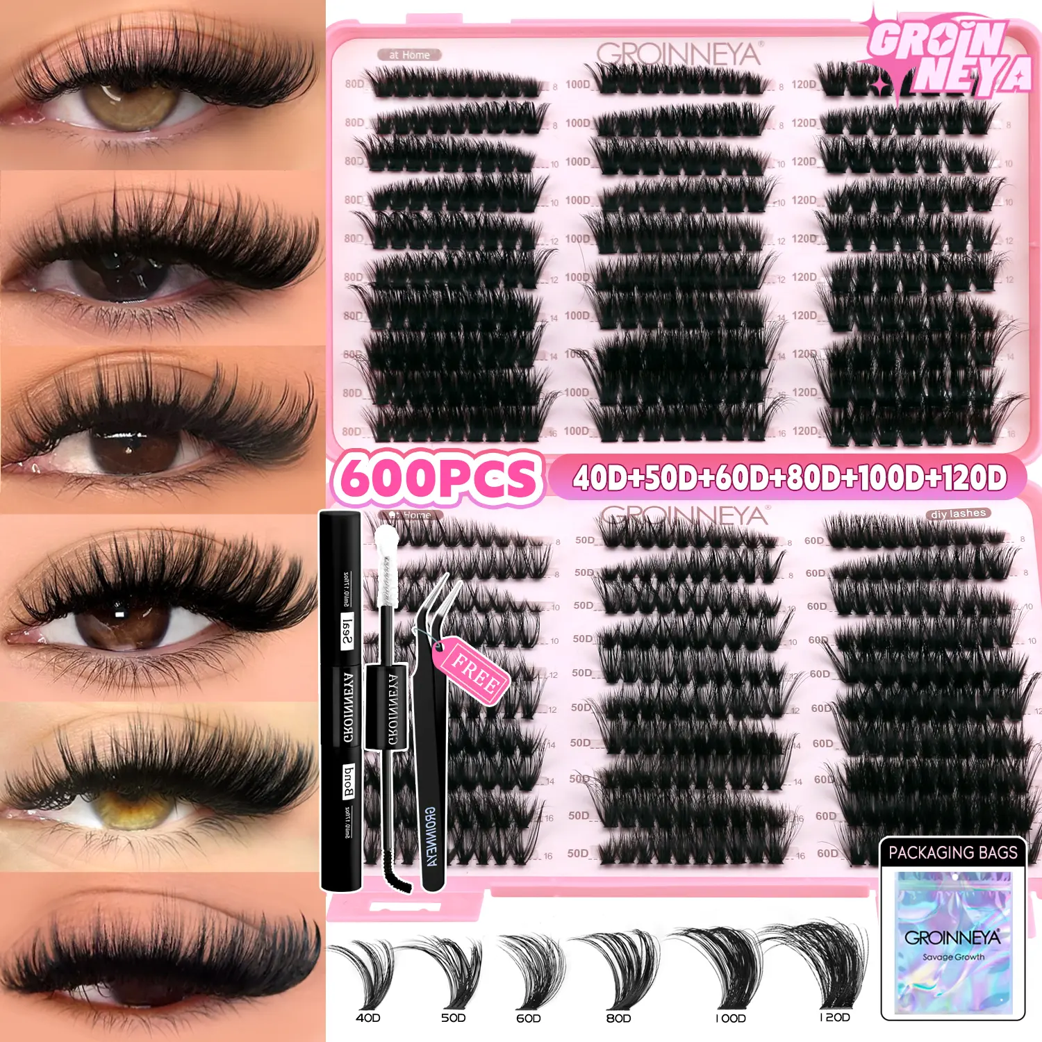 GROINNEYA 40-120D Mixed Length Eyelash Book, Cosmetic False Lashes, 600pcs DIY Eyelash Extension Fake Lashes Cluster Natural Thick Segmented Fluffy Eyelash Clusters with Eyelash Tools for Beginner-friendly Mega Volume Lashes, Cosmetic Eyelashes