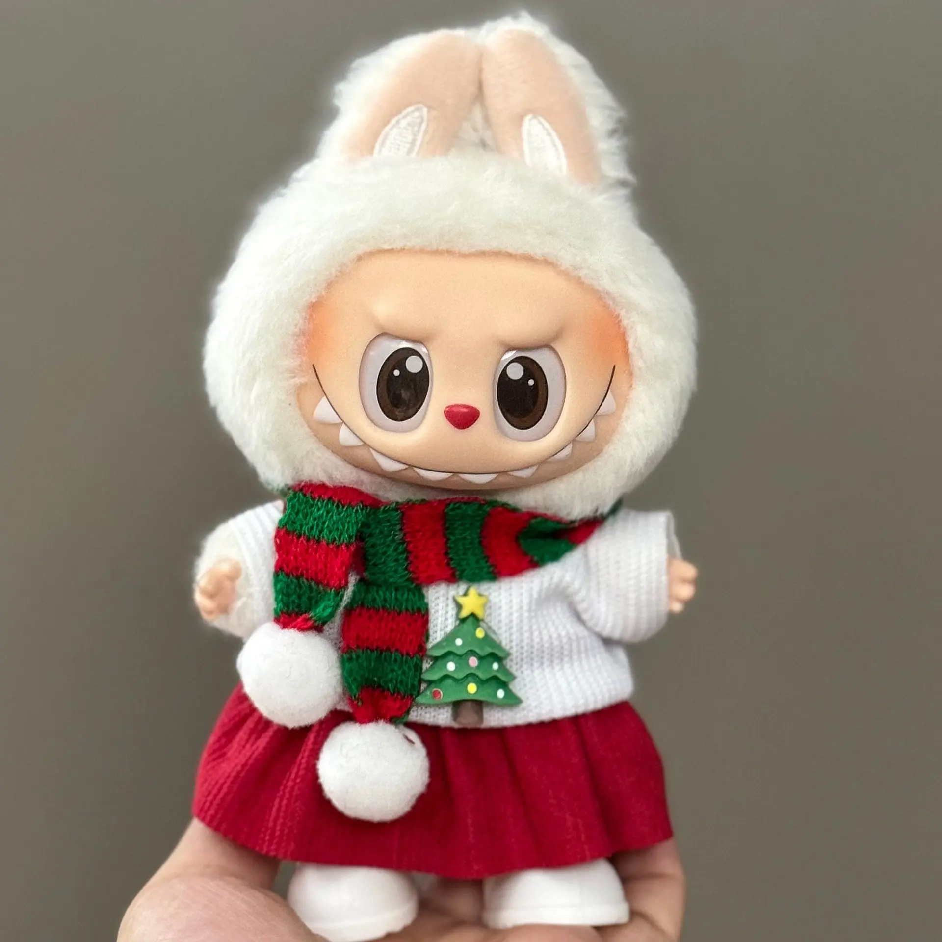 Premium Labubu Doll Fashion Set with Red and Green Scarf, Christmas theme sweater and red dress for Holiday Decor Versatile Outfits and Accessories Perfect for Collectors and Doll Enthusiasts