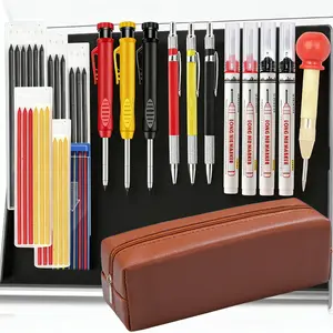 3-Piece Carpenter Pencil Set with Sharpener, Heavy-Duty Woodworking Tools, 3-Piece Set Includes Automatic Center Punch, Mechanical Pencil Set with 36 Refills, Deep-Hole Long-Tip Marker Pens for Architectural Marking, Comes with Storage Case