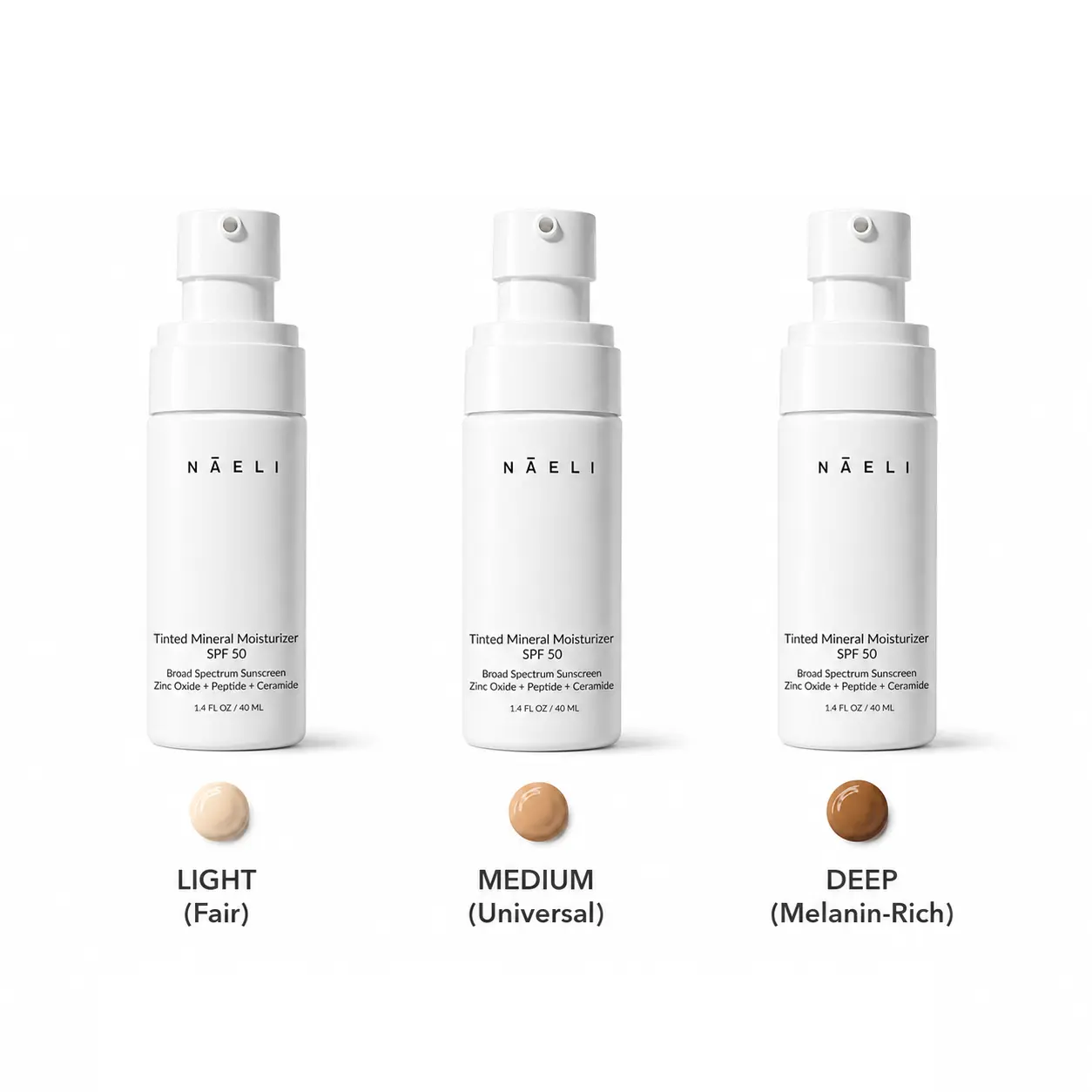 NAELI 3-Pack Tinted Mineral Face Sunscreen with Zinc Oxide, Peptides, & Ceramides (Light, Medium, Deep Shade)