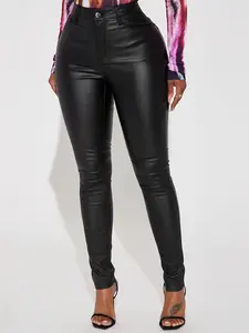 Women's Coated Skinny Jeans, Elegant Style, High-Waist Faux Leather, Stretchy Denim Pants, Fashion Versatile Trousers For Casual And Evening Wear For Fall