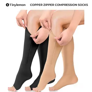 Tinylemon 2 Pairs Copper Zipper Compression Socks 15-20mmgh-Calf Knee High Open Toe Support Stocking Compression Stocking Practical Solution Flexibility