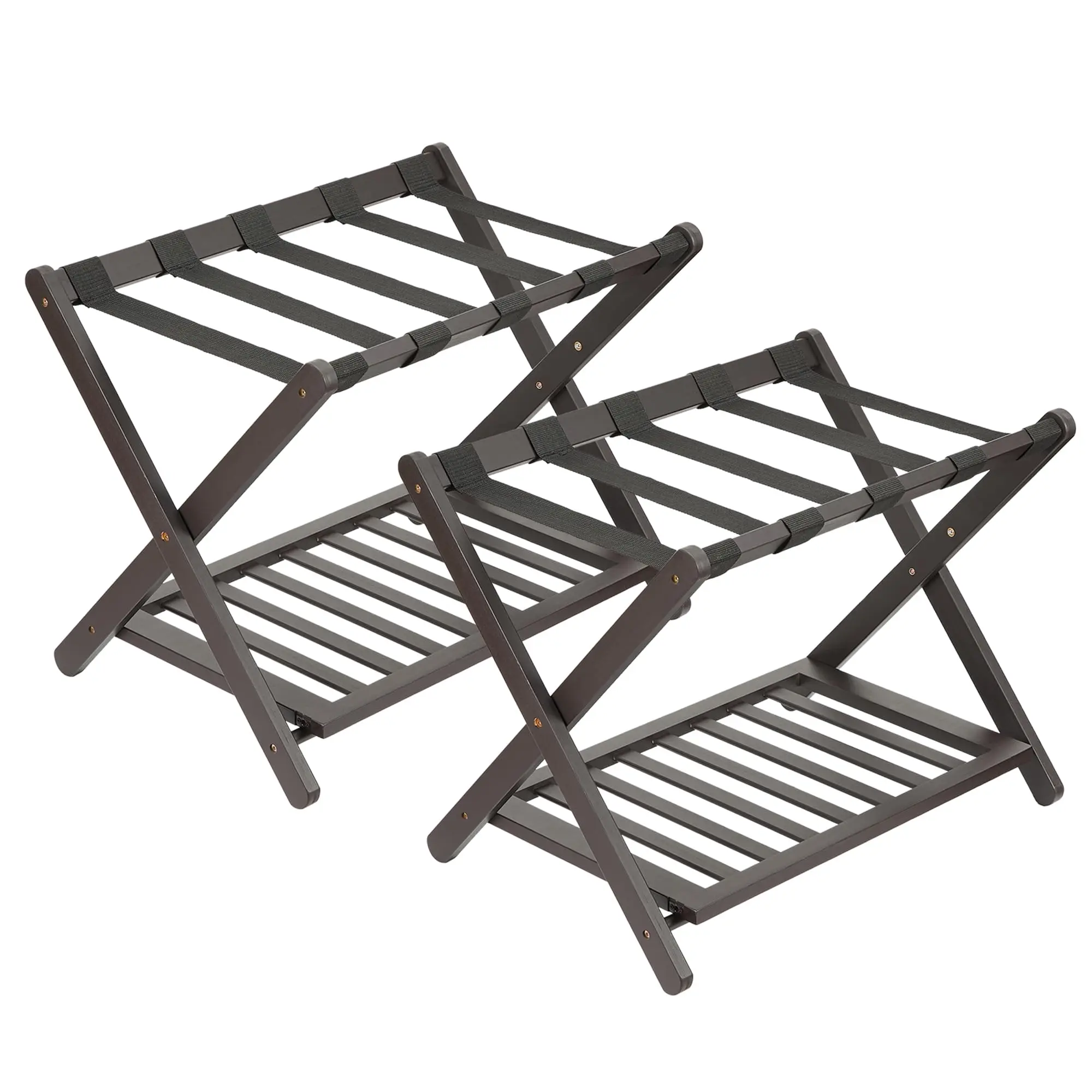 Garvee Premium Bamboo Folding Luggage Rack with Storage Shelf and Nylon Straps, Supports up to 150 lb, Fits Most Suitcases, Ideal for Bedrooms, Living Rooms, and Hotels, Brown