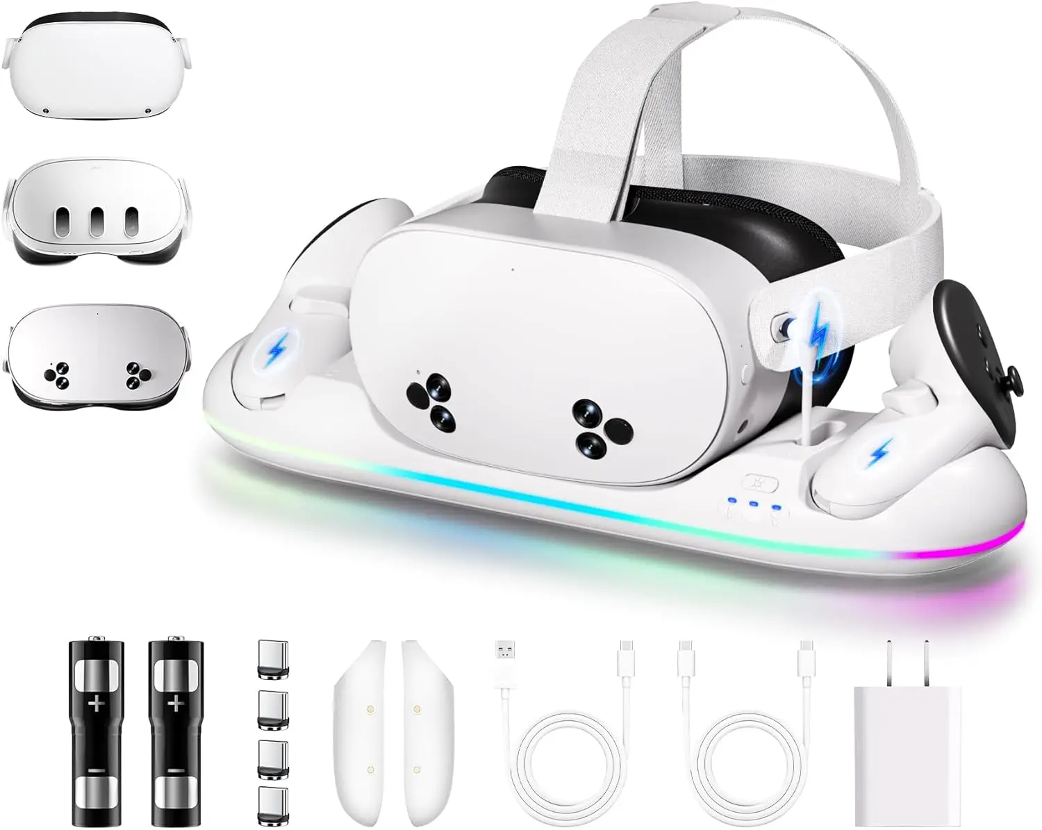 Wearable VR Charging Dock for Meta Quest 3S/3/2, 22W Fast Charging Station with 30W Adapter, Extra USB Port, Magnetic Stand, 2 Rechargeable Batteries, RGB Light for Organized Storage