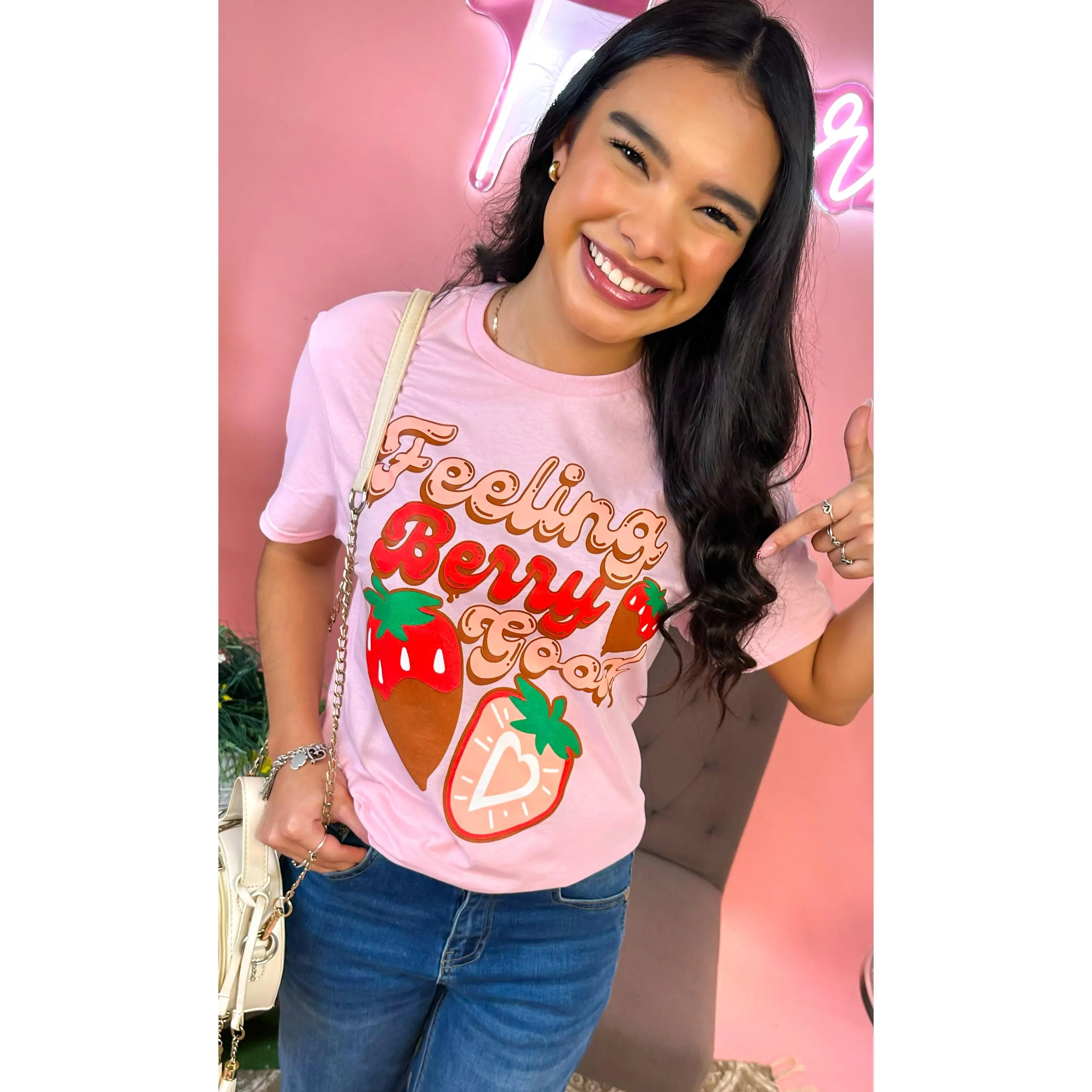 Tees2urdoor Women's Short-Sleeve Strawberry Graphic Cotton T-Shirt - "Feeling Berry Good" Light Pink Fitted Round Neck Garment for Everyday Streetwear Casual Wear, Shortsleeve, Tshirt, Vibe, Pastel Whimsy
