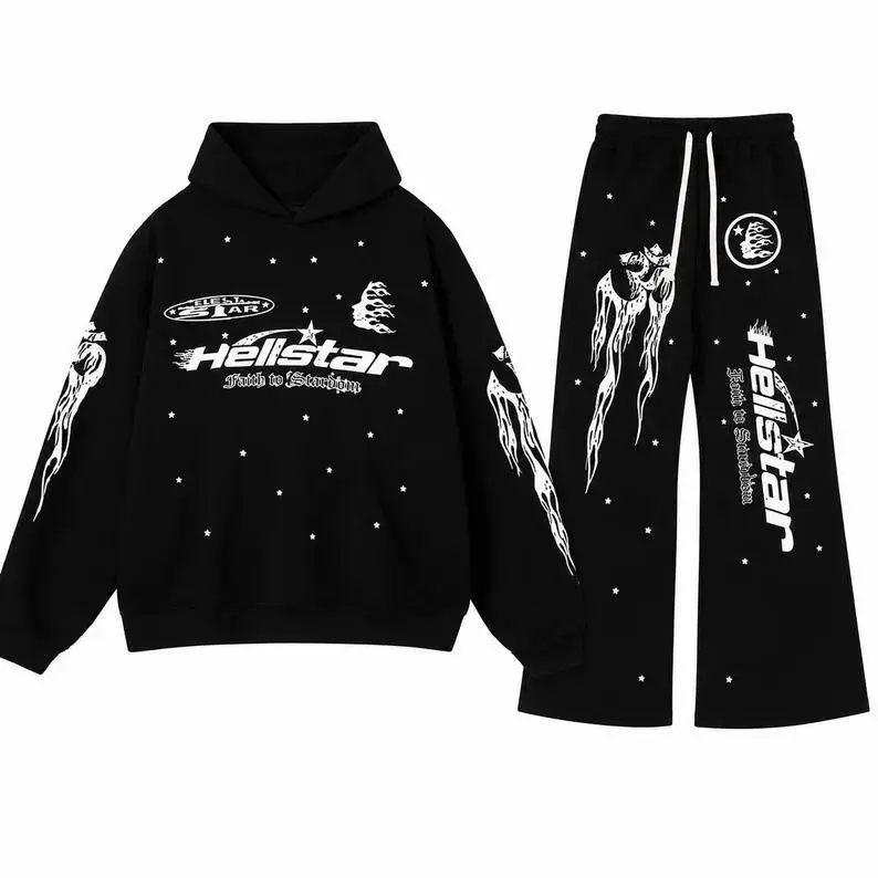Hellstar Flame Hoodie & Sweatpants Set, Unisex Oversized Streetwear Outfit for Men & Women, Everyday Casual Wear