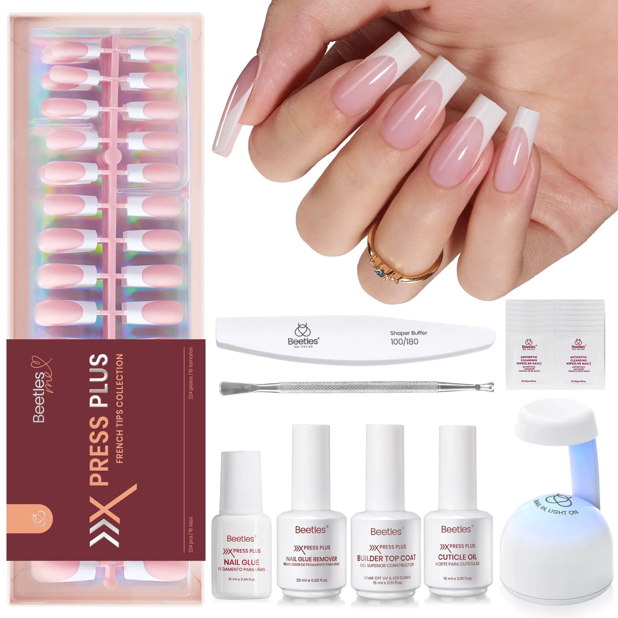 Long Square【Pink】16Sizes 224Pcs+Glue+Lamp Kit