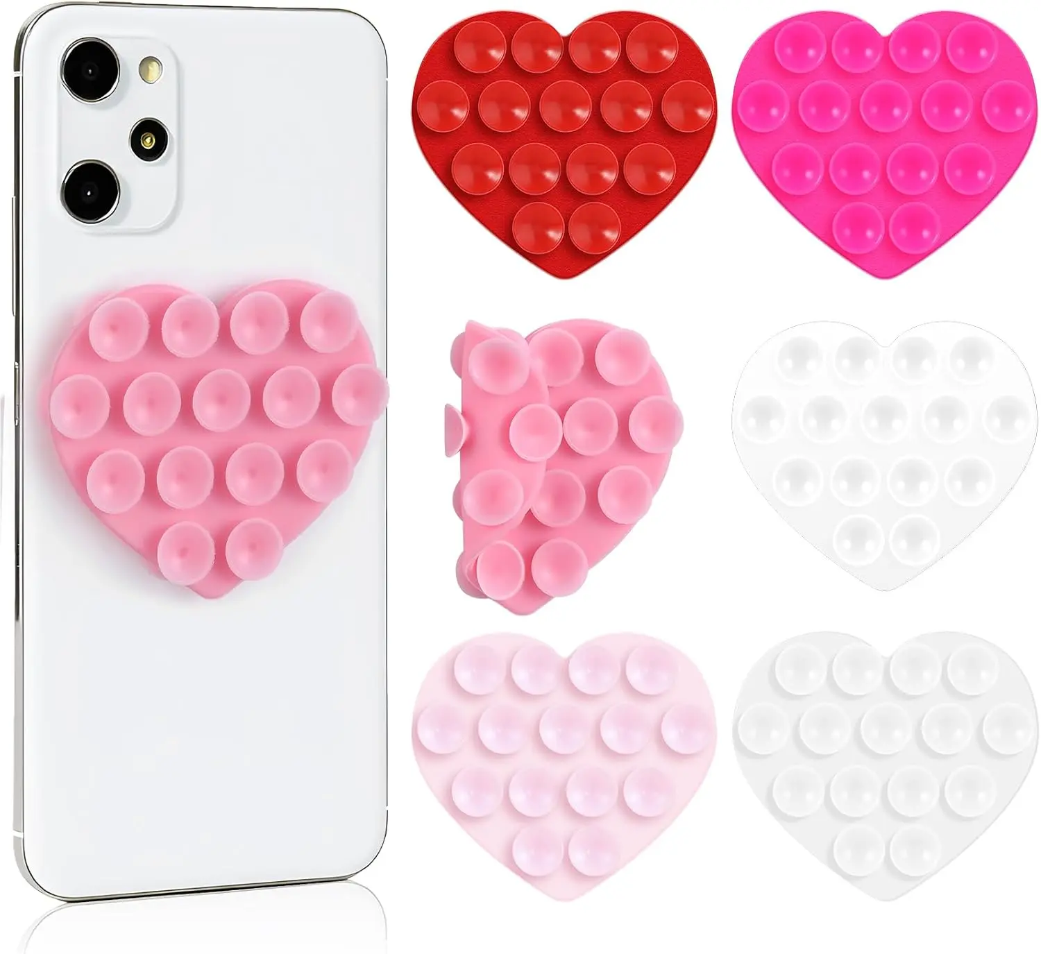 6 Pcs Pink Series Silicone Heart Suction Phone Holders - Double-Sided Sticky Mount Accessories, Stand for Smartphones, Mirrors, Glass, Vehicle Room Accessories, Cellphone