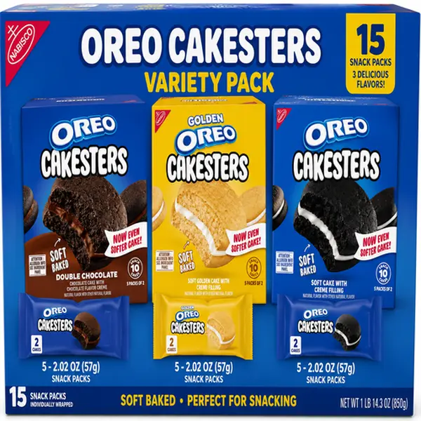OREO Cakesters Variety Pack – Double Chocolate, Original & Golden Soft Snack Cakes | 15 Snack Packs Total (5 Packs of Each Flavor)
