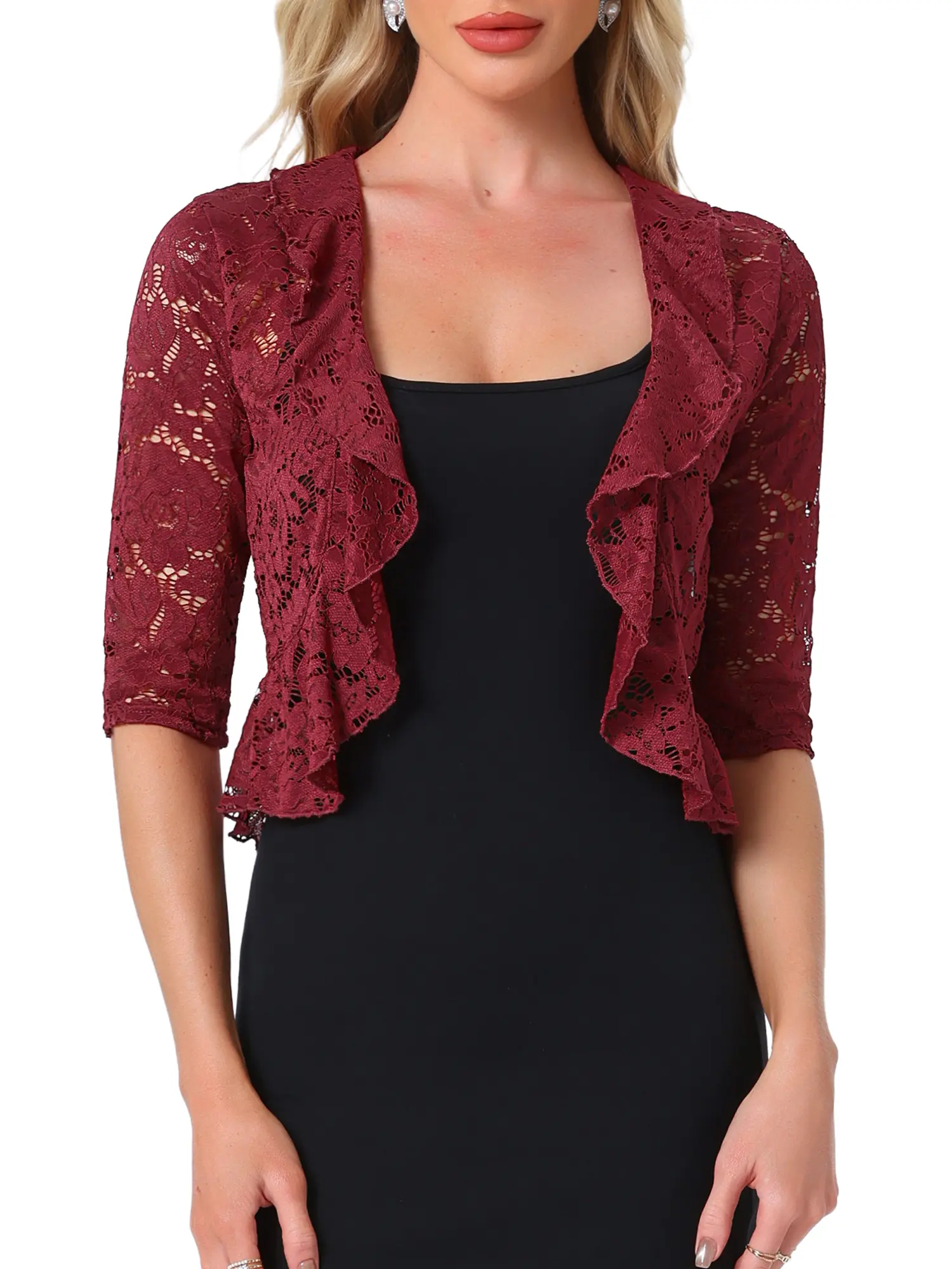INSPIRE CHIC Lace Cardigan Evening Wedding Half Sleeve Ruffle Hem Elegant Shrug