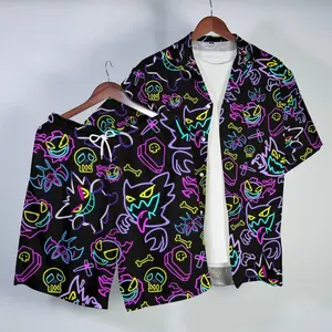 Menswear Neon Ghost Monster 2-Piece Matching Set - Hawaiian Shirt and Shorts, Summer Rave Costume Set for Men