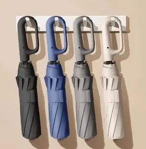 Ring Buckle Fully Automatic Umbrella Foldable Umbrella for Travel,42inch Lightweight Automatic Open Close Umbrella, 10 Ribs Portable Rain Sunshine Wind Proof Black