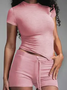 Women's 2 piece sets solid color slim fit home wear loungewear casual and comfortable short-sleeved round neck T-shirt and drawstring elastic waist pants shorts women's PJ Set daily outdoor outing summer clothing