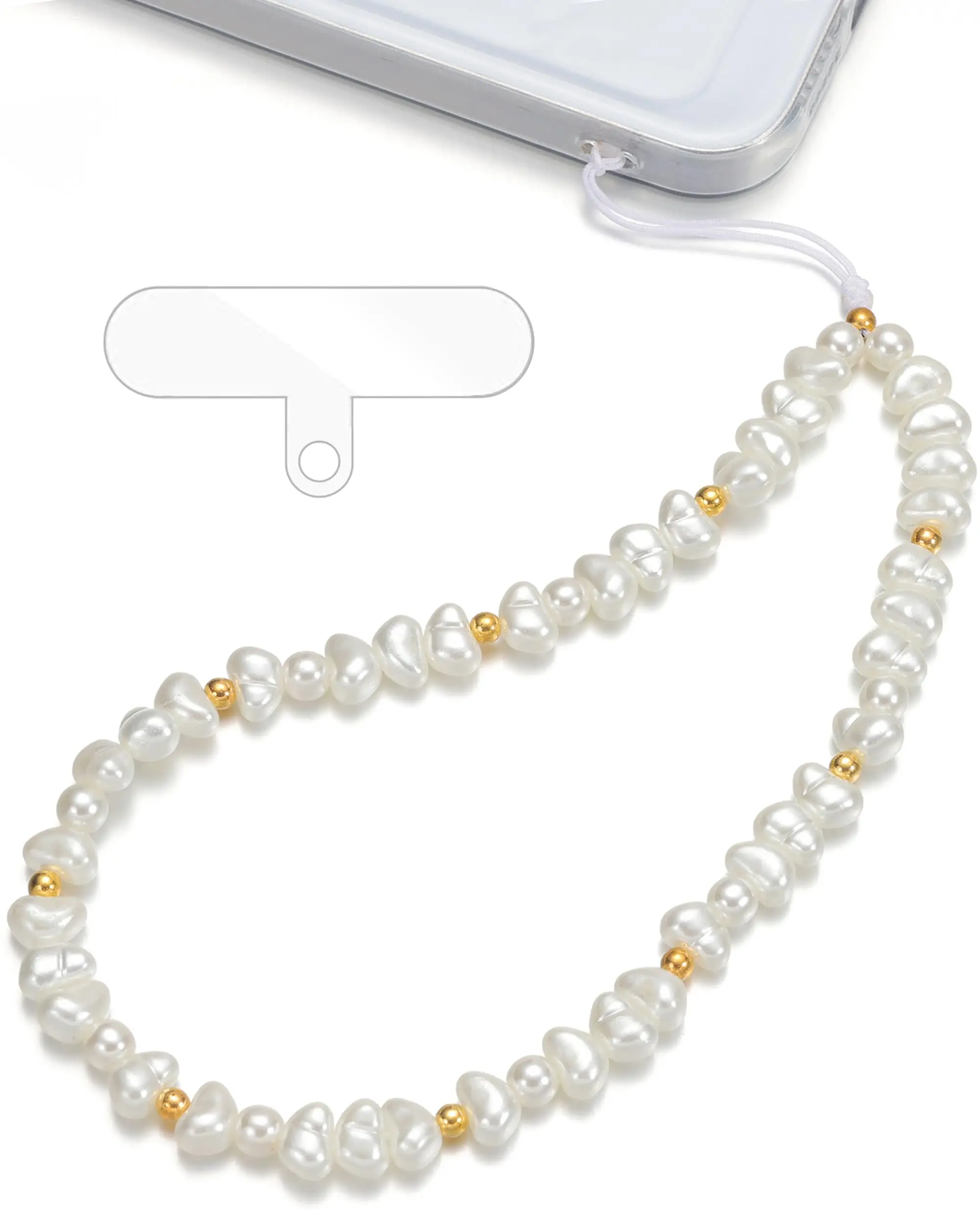 TRBR White Baroque Pearl Phone Charm Wrist Strap, Gold Beaded Lanyard Wristlet Chain, Elegant Bracelet Strap for iPhone & Cell Phone Cases