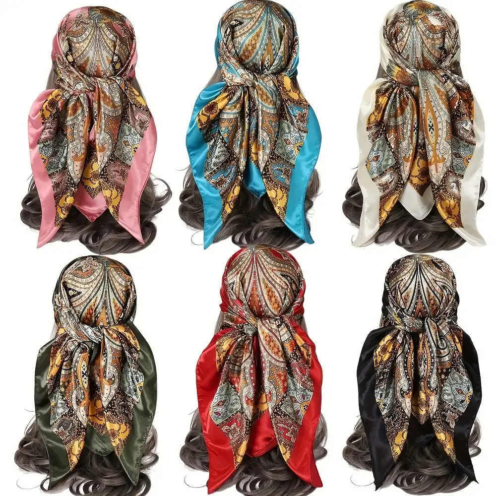 Set of 6 Vintage Satin Square Scarves for Women, Featuring Elegant Polyester with Paisley And Floral Patterns in 6 Distinct Designs And Assorted Colors, Perfect for Both Formal And Casual Events