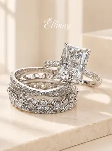 Effinny 14K Gold Plated Non-Tarnish 4.0ct Radiant Cut 4PCS Stackable Rings, Female Wedding Promise Jewelry for Anniversary, Bridal Must-Have