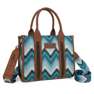 Wrangler Aztec Retro Print Medium Tote Bag with Whipstitch Details & Double Round Handles for Women's Commuter Use - Leather Satchel