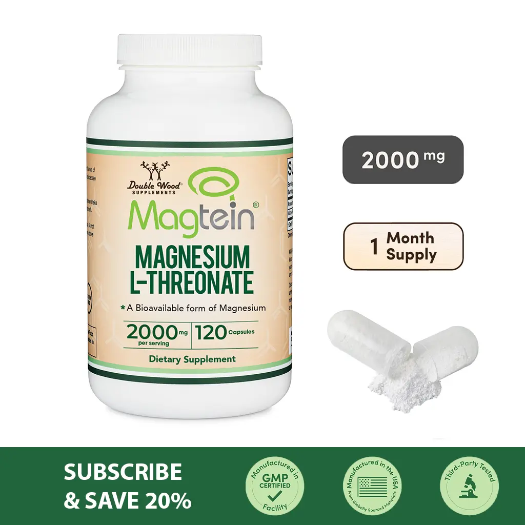 Magnesium L-Threonate (Magtein)  | 2000 mg | 120 Count | Crosses the blood-brain barrier | Healthy Cognitive Function | Double Wood Supplements