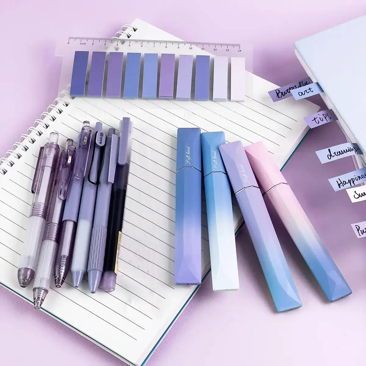 Gradient Gel Pen Set, 1 Set Including 6 Gel Pen & 4 Highter Pemarkers & 200 Index Sticker, Multifunctional Writing Stationery Set, Opening Season Stat