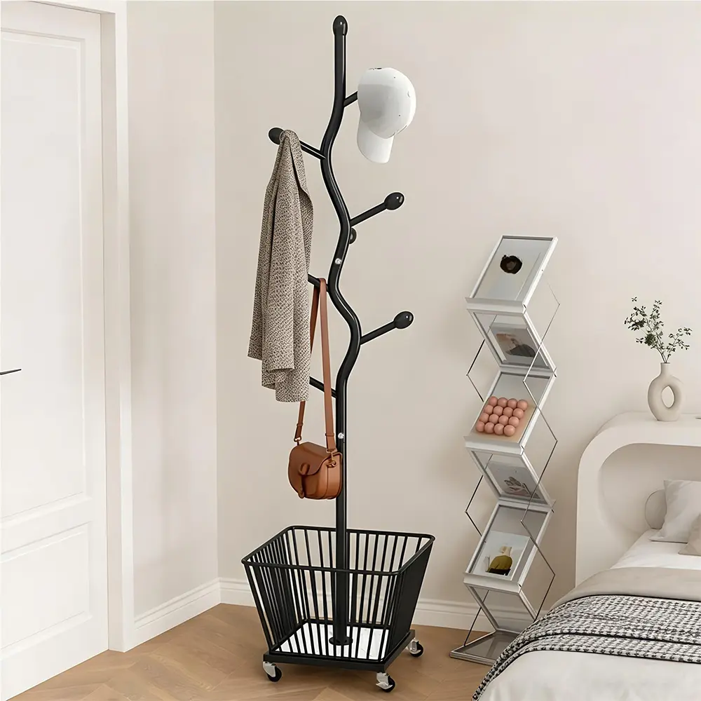 Vintage Home Decor Wheeled Freestanding Steel Clothes Rack - Universal Lockable Wheels, 50L Laundry Basket, Side Hooks, No Drilling/Wall Mounting, Efficient Belongings Organizer for Coats, Hats, Bags (Home Storage Supply)