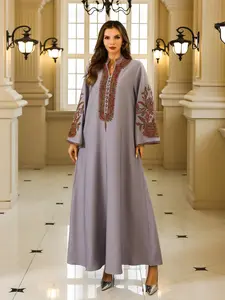Elegant Geometric Embroidery Women's Abaya Dress, Long Sleeve Polyester Fabric H-Line Robe, Loose Fit, All Seasons Muslim Clothing, Hand Wash Care