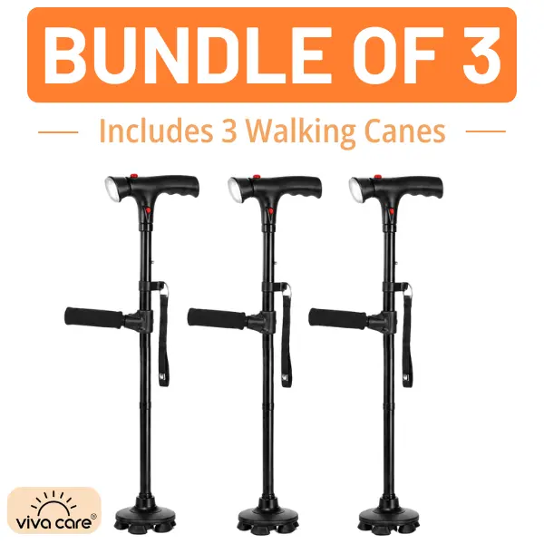 VIVA CARE Walking Stick with LED Light & Alarm Bundle of 3– Lightweight, Foldable, Adjustable, Quad Base, Size L
