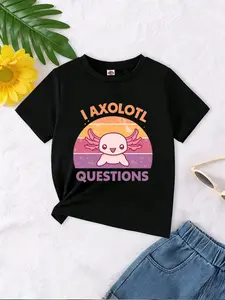 Girls' Axolotl Quest Questions T-Shirt, Graphic Tee, Cute Cartoon Design, Comfortable Fabric, Unique School Style, Fitted Kids Tee