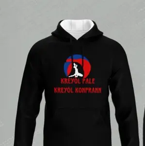Kreyòl Pale Kreyòl Konprann Hoodie Men Black with Red Logo White Hood Comfortable Casual Wear Cotton Spandex Pullover