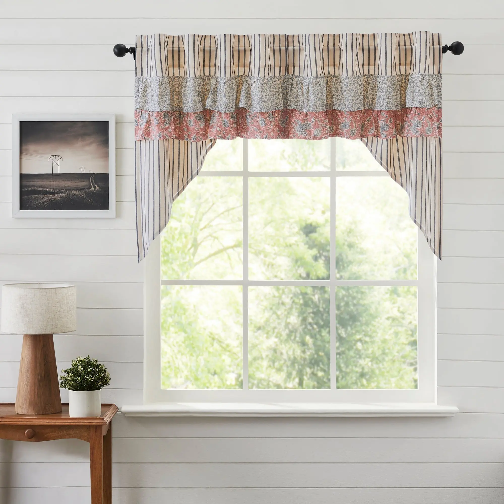 Kayley Ticking Blue Ruffled Swag Curtains