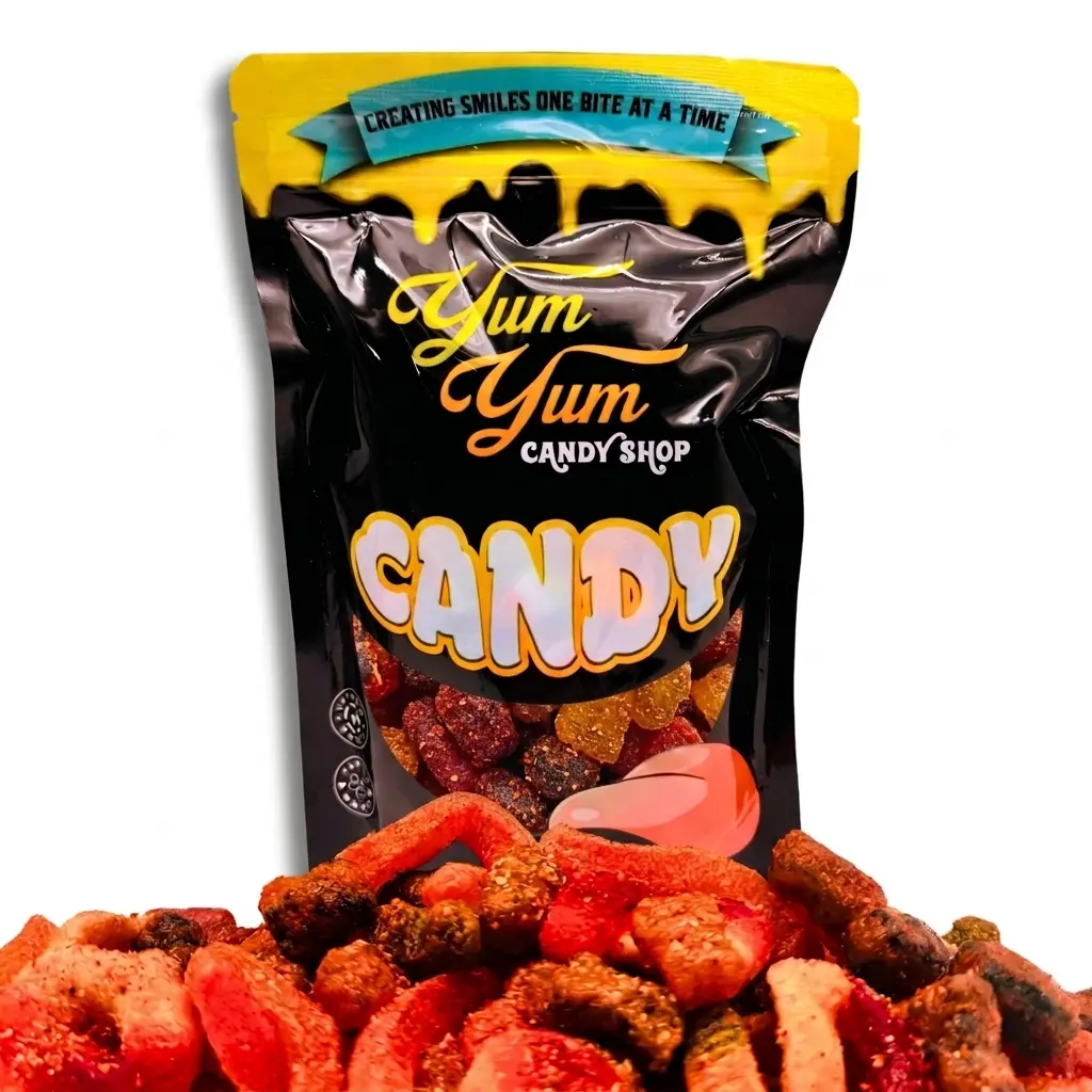 Chamoy Gummy Candy Blend Gummy Worms, Peach Rings, Watermelon Rings, & Gummy Bears Sweet Spicy and Savory Chili Lime Dulces Snack Chilli powder