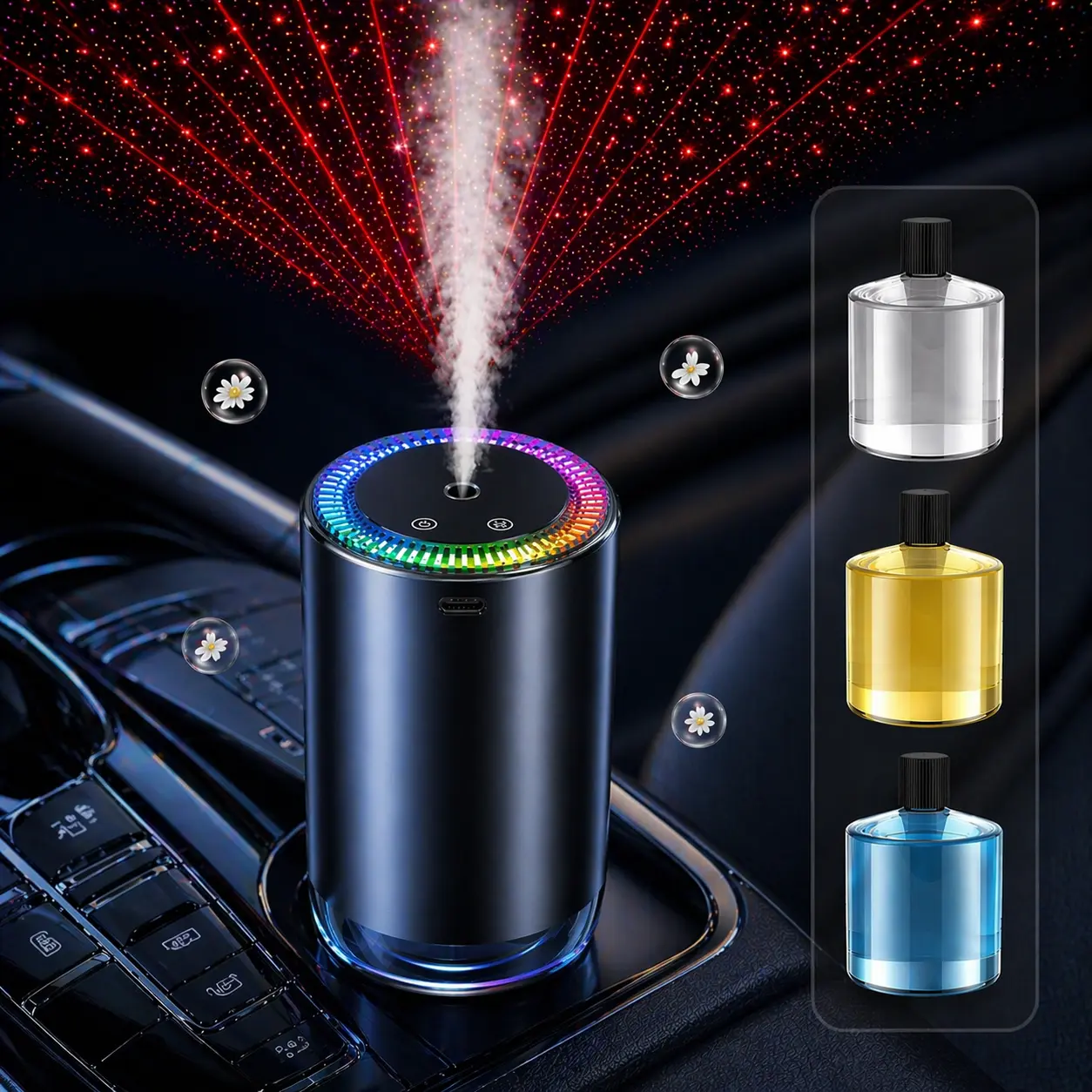 Smart Car Air Freshener Diffuser with Star Light, Rechargeable Car Aroma Diffuser, 5 Spray Modes, LED Ambient Lighting, Long Lasting Cologne Ocean Scents, Mother’s Day Gift Idea