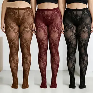 3pcs-Women's Plus Size Coffee Floral Mesh Tights Vintage Flower Pattern Pantyhose Breathable Hollow Out Stockings Everyday Casual Wear Streetwear Holiday Party Weekend Outing Daily Style