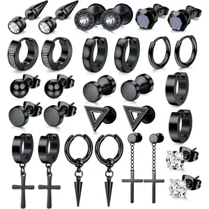 Milacolato 15-Pair Unisex Earrings Set - Stainless Steel with Metal Coating, Silver/Black Studs, Zirconia Hoop Styles, Cross & Dangle Earrings - Hypoallergenic Multiple Pairs for Men/Women