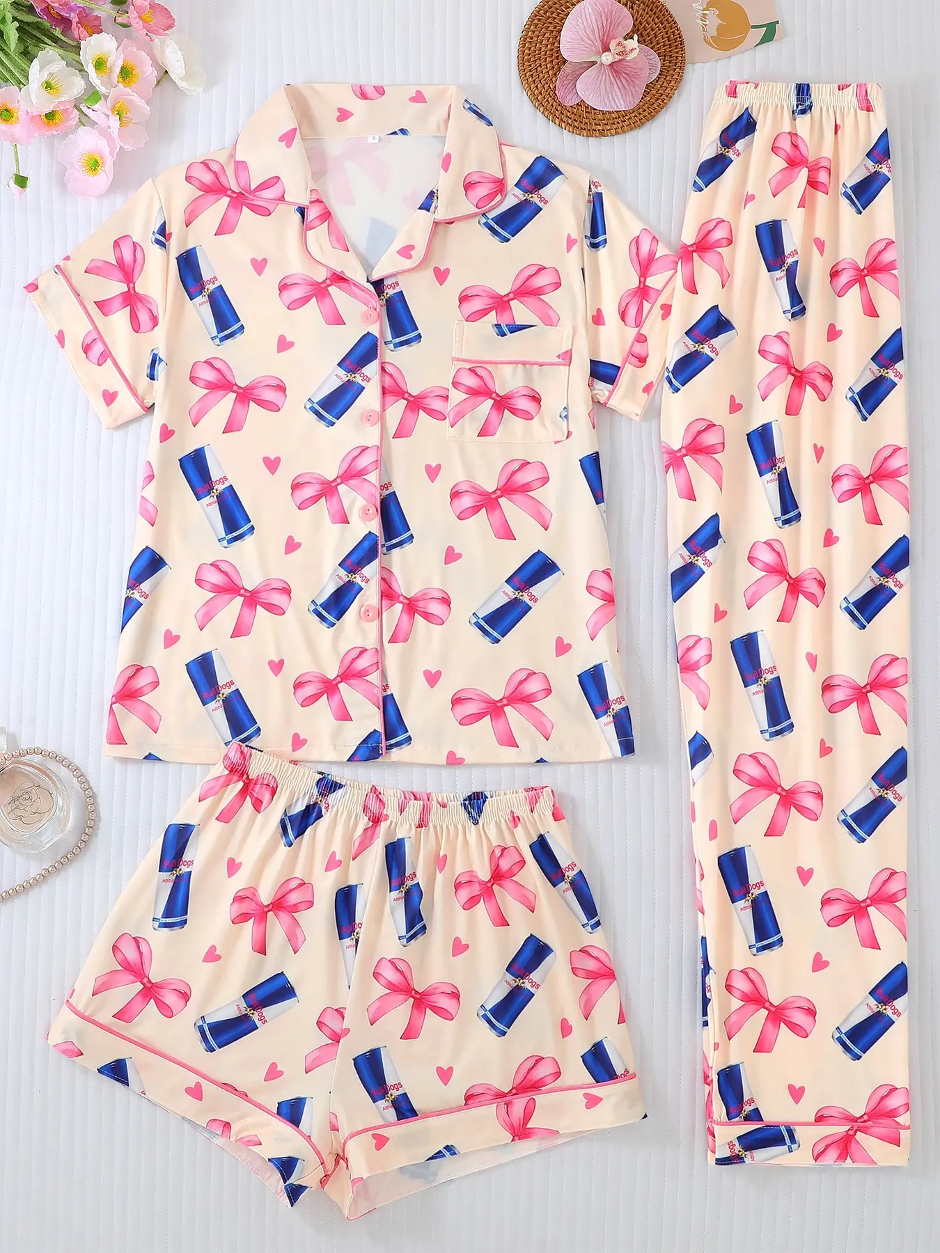 Women's Summer Pajama Set, Button Front Short Sleeve Top, Comfortable Loose Shorts & Pants, Cartoon Heart Pattern Print, Printed Sleepwear Set, All Seasons Casual Wear, Loungewear, Pjs, Pyjamas, Nightwear, Pajama Bottoms, Cozy Loungewear Sleepwear