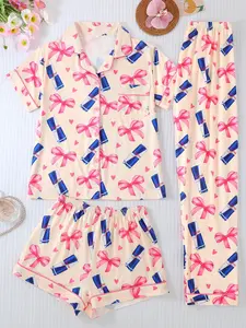 Women's Summer Pajama Set, Button Front Short Sleeve Top, Comfortable Loose Shorts & Pants, Cartoon Heart Pattern Print, All Seasons Casual Wear, Loungewear, Pjs, Pyjamas, Nightwear, Pajama Bottoms